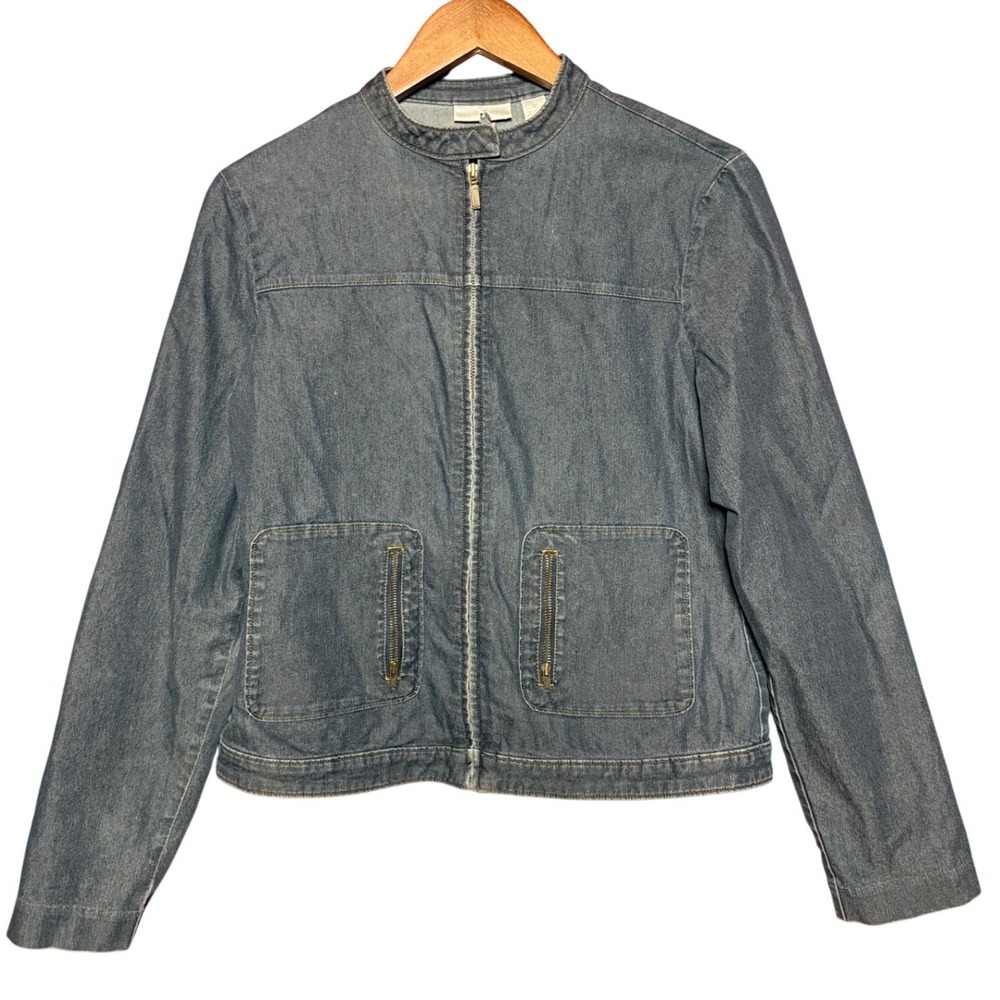 Halogen Women Size Small Blue Denim Zip Up Moto Jacket Mock Neck Stretch